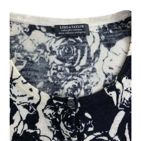 Lord & Taylor 100% Merino Wool Cardigan Sweater Women’s Medium Black White Rose - Picture 2 of 6